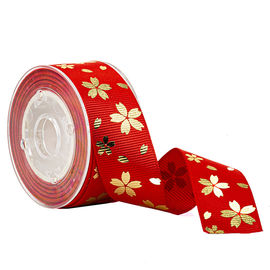 روبان قرمز سفارشی Grosgrain Ribbon گل طلایی چاپ شده برای بسته بندی جعبه های هدیه