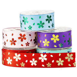 فویل گل قرمز طلایی روی روبان Grosgrain چاپ صورتی برای دکوراسیون تعطیلات
